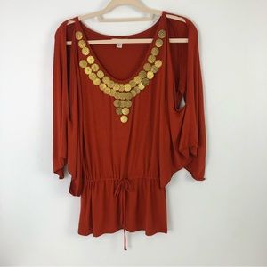 Boston Proper Rust Colored Coin Embellished Open Sleeved Tunic Size XXS